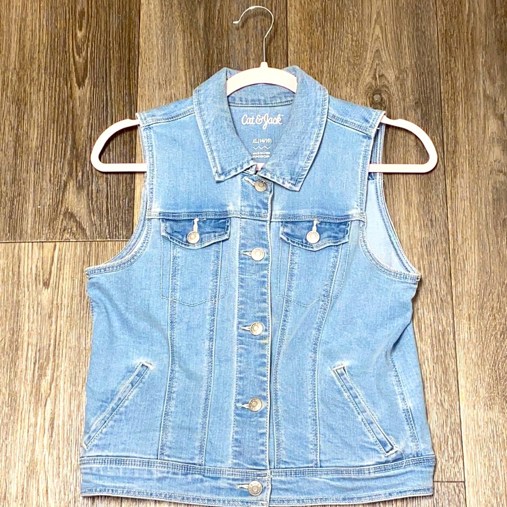 Blue,grey jean jacket/vest with no sleeves
